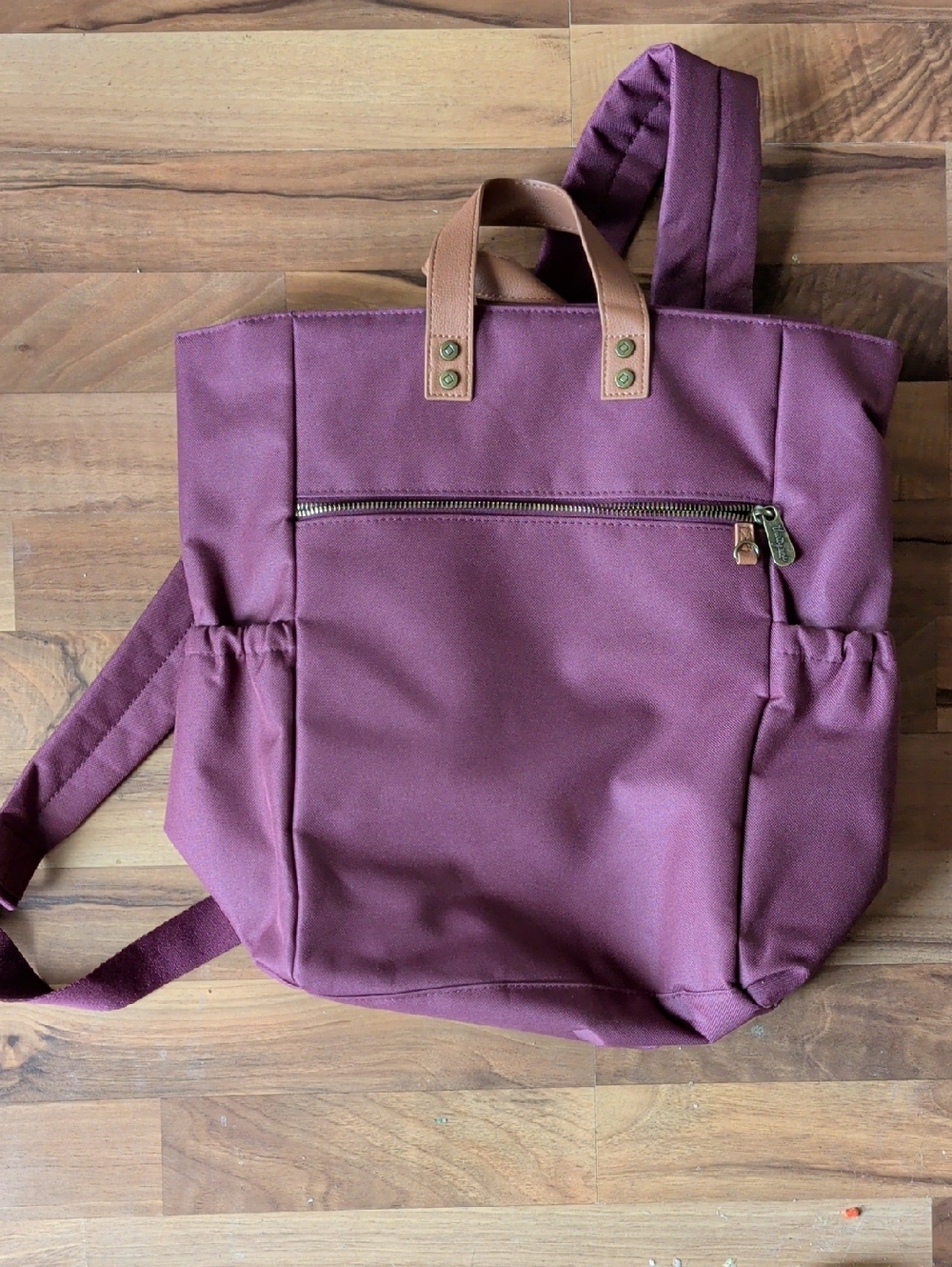 thirty-one Plum Canvas Backpack Tote with Tan Trim